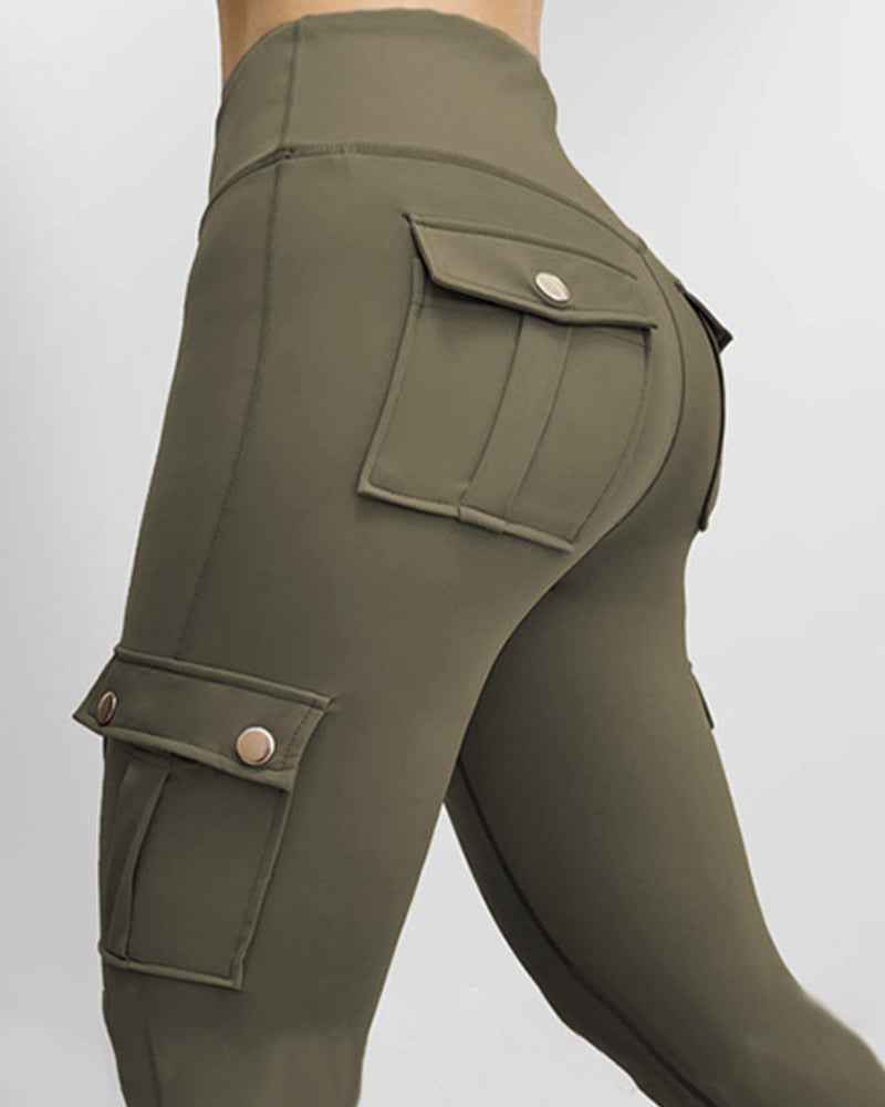 Butt Lifting Leggings with Flap Pockets High Waist Tummy Control Workout Cargo Pants