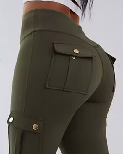 Butt Lifting Leggings with Flap Pockets High Waist Tummy Control Workout Cargo Pants
