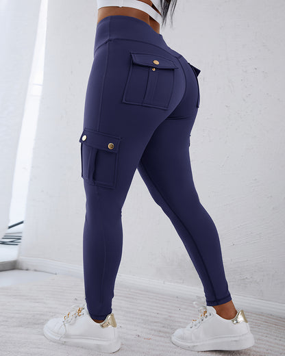 Butt Lifting Leggings with Flap Pockets High Waist Tummy Control Workout Cargo Pants