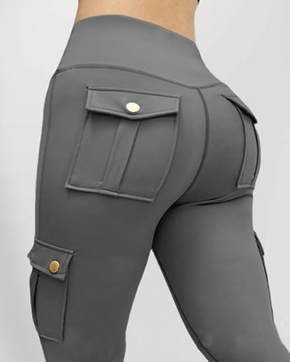 Butt Lifting Leggings with Flap Pockets High Waist Tummy Control Workout Cargo Pants