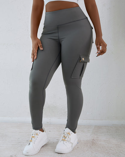 Butt Lifting Leggings with Flap Pockets High Waist Tummy Control Workout Cargo Pants