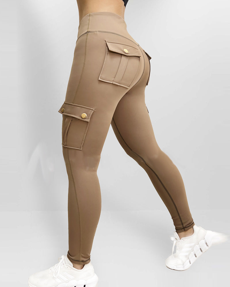 Butt Lifting Leggings with Flap Pockets High Waist Tummy Control Workout Cargo Pants
