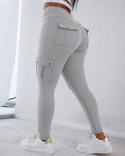 Butt Lifting Leggings with Flap Pockets High Waist Tummy Control Workout Cargo Pants
