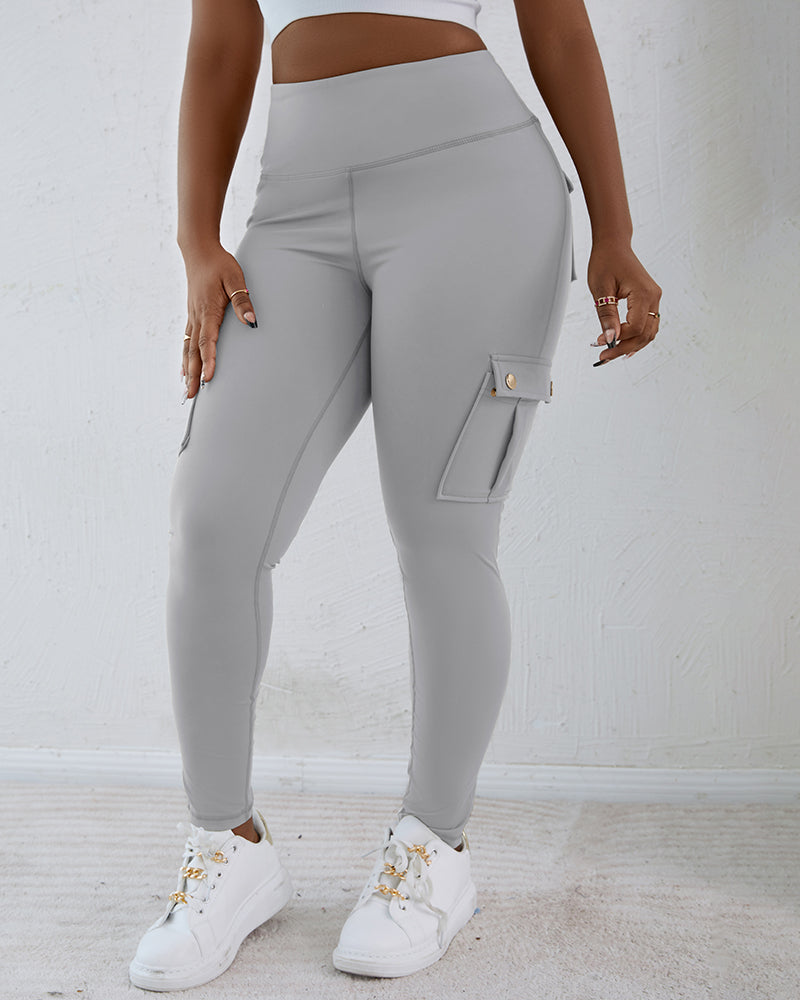 Butt Lifting Leggings with Flap Pockets High Waist Tummy Control Workout Cargo Pants