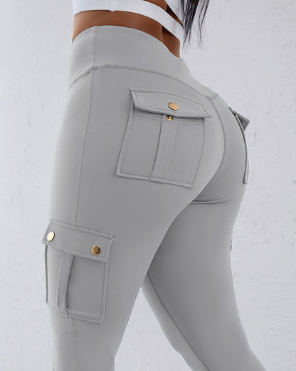 Butt Lifting Leggings with Flap Pockets High Waist Tummy Control Workout Cargo Pants