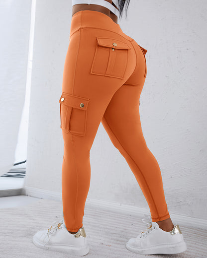 Butt Lifting Leggings with Flap Pockets High Waist Tummy Control Workout Cargo Pants