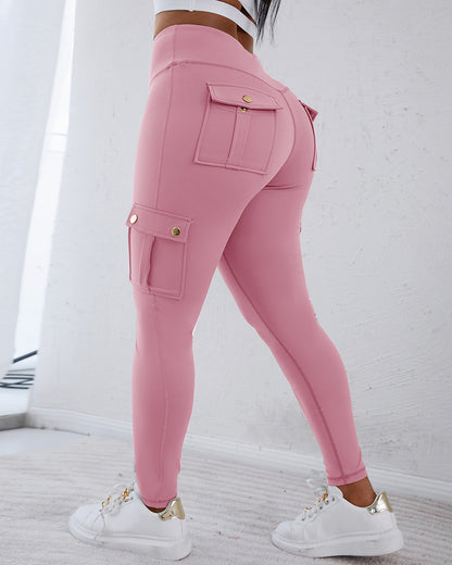 Butt Lifting Leggings with Flap Pockets High Waist Tummy Control Workout Cargo Pants