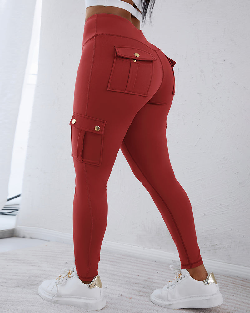 Butt Lifting Leggings with Flap Pockets High Waist Tummy Control Workout Cargo Pants