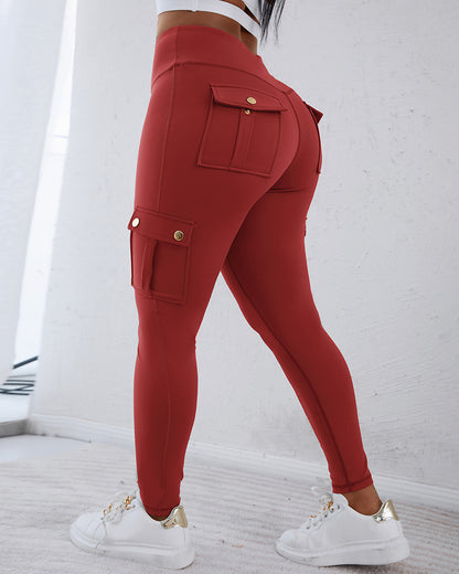 Butt Lifting Leggings with Flap Pockets High Waist Tummy Control Workout Cargo Pants