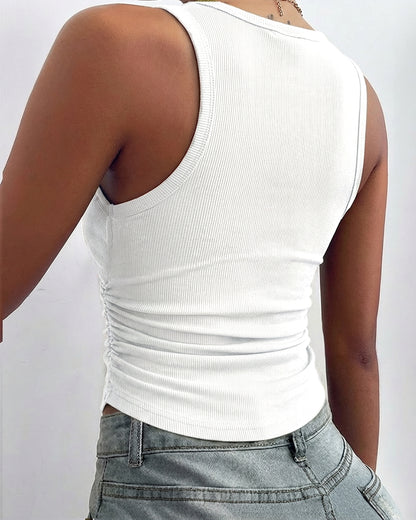 Round Neck Sleeveless Side Ruched Tank Slim Fit Ribbed Racerback Tank Top
