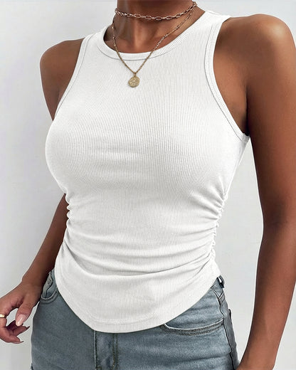 Round Neck Sleeveless Side Ruched Tank Slim Fit Ribbed Racerback Tank Top