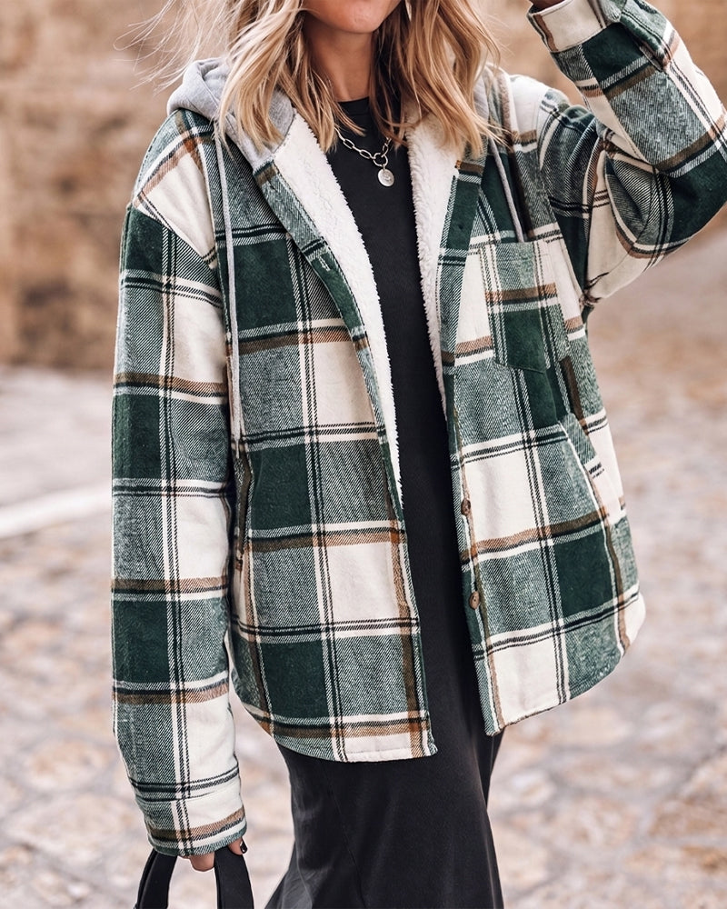 Kariertes Muster, langärmelige Shacket-Knöpfe, Fleece-gefütterte Kapuzenjacken, warmer Mantel