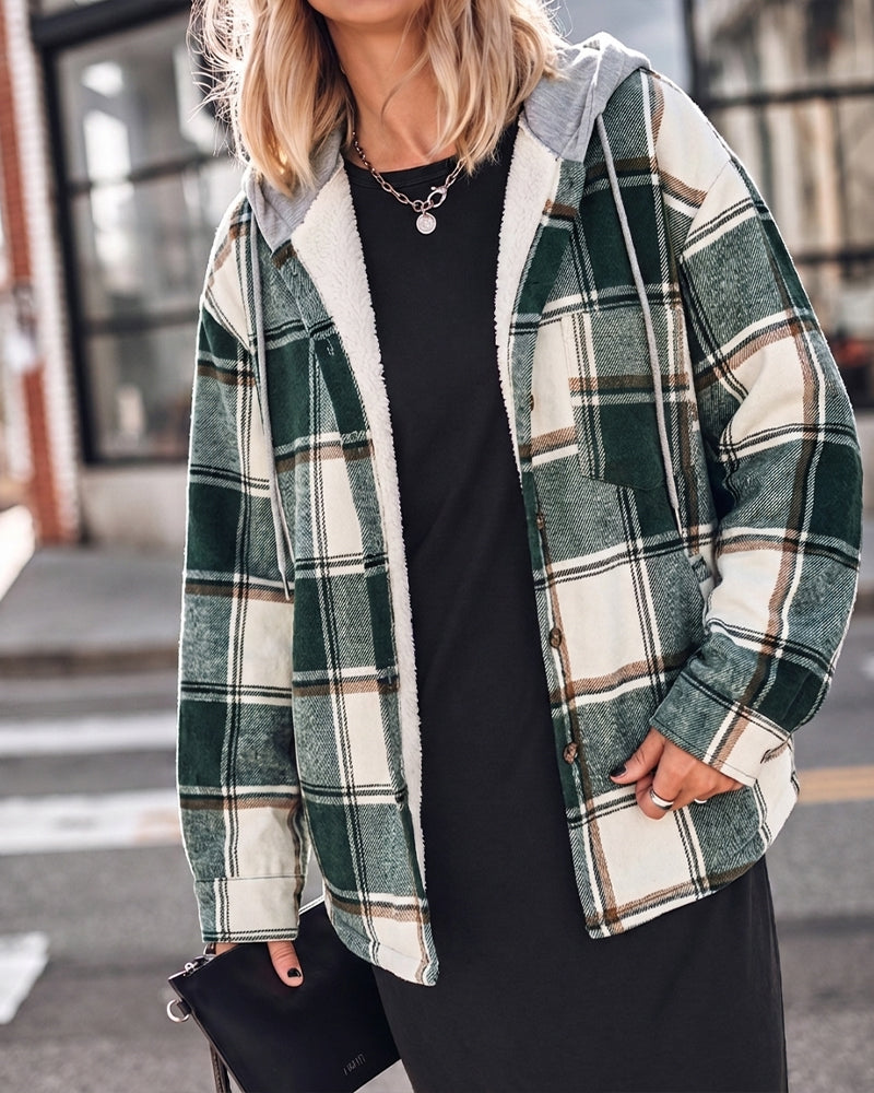 Kariertes Muster, langärmelige Shacket-Knöpfe, Fleece-gefütterte Kapuzenjacken, warmer Mantel