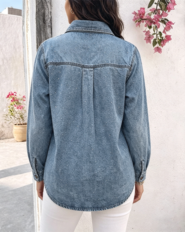 Women's Rhinestone Denim Jacket Washed Button-Down Shacket Sparkling Loose Fit Long Sleeve Casual Outerwear
