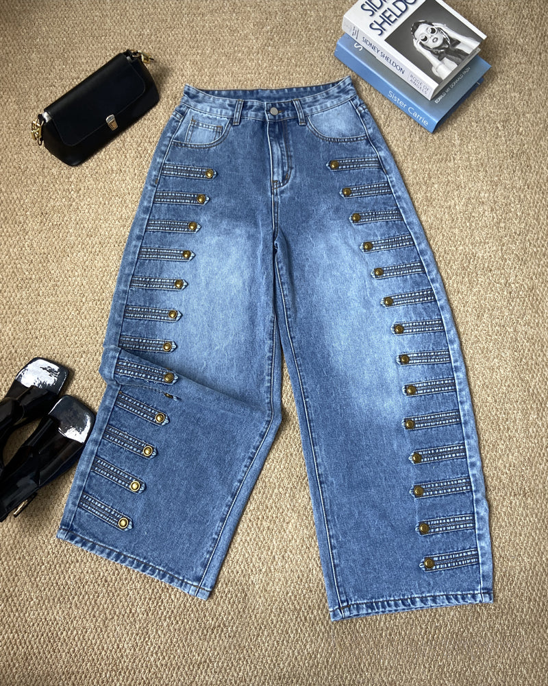Women's Barrel Jeans High Waisted Side Button Denim Pants Distressed Washed Baggy Trousers Retro Y2K Streetwear