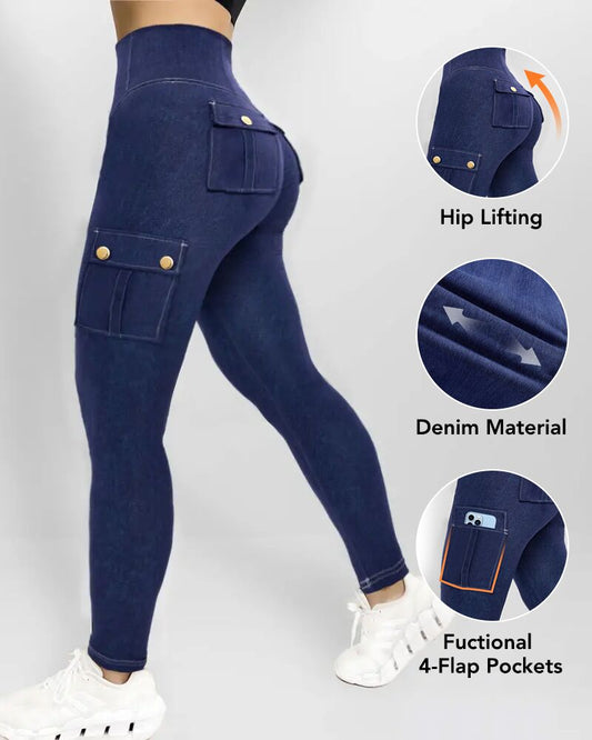 High Waist Tummy Control Butt Lifting Denim Look Leggings Stretchy Yoga Pants with Flap Pockets