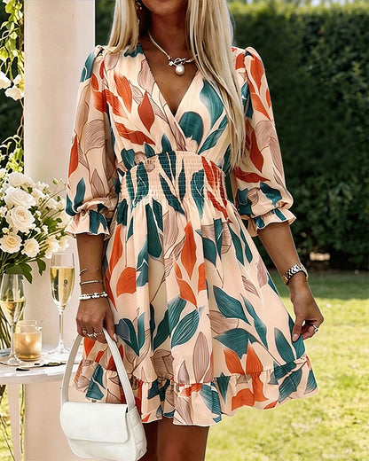 Women's Colorblock Leaf Print Midi Dress Overlap V-Neck Three Quarters Sleeve Shirred Waist Ruffle Hem A-Line Vacation Dress