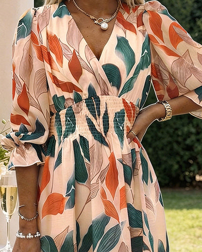 Women's Colorblock Leaf Print Midi Dress Overlap V-Neck Three Quarters Sleeve Shirred Waist Ruffle Hem A-Line Vacation Dress