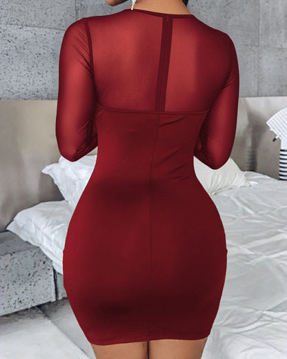 Rhinestone Decor Sweetheart Neck Sheer Mesh Spliced Mini Dress Mesh Long Sleeve Zipper Back Bodycon Dress