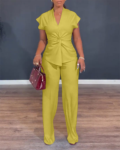 2 Pieces Outfit V-Neck Short Sleeve Twist Front Zipper Back Top and Straight Leg Pants Set Casual Commuting Set