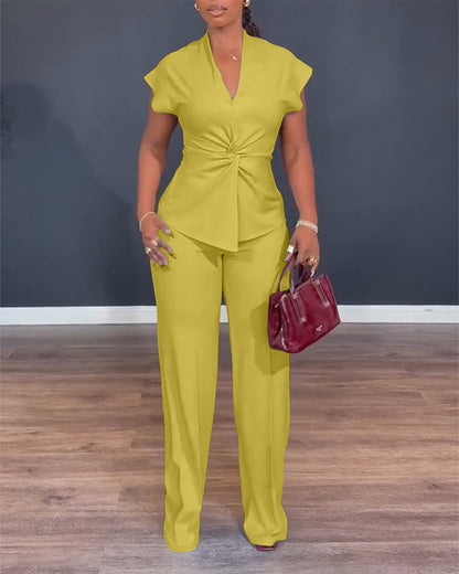2 Pieces Outfit V-Neck Short Sleeve Twist Front Zipper Back Top and Straight Leg Pants Set Casual Commuting Set
