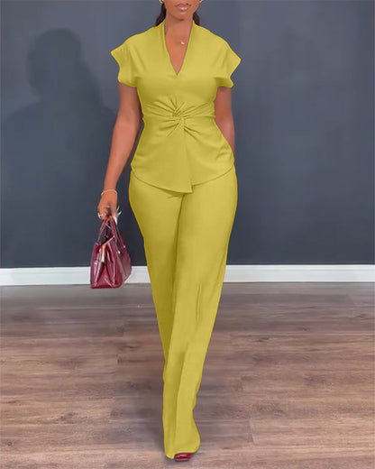 2 Pieces Outfit V-Neck Short Sleeve Twist Front Zipper Back Top and Straight Leg Pants Set Casual Commuting Set
