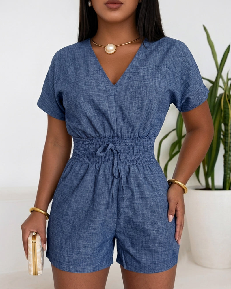 Women's Deep V Neck Denim Look Romper Shirred High Waist Short Jumpsuit Backless Batwing Sleeve Romper