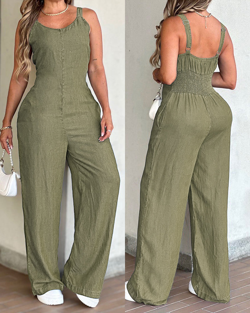 V-Neck Adjustable Thick Straps Denim Overalls Casual Shirred Back Wide Leg Suspender Jumpsuit