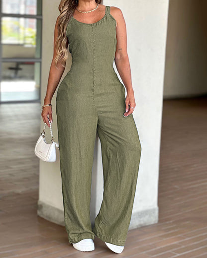 V-Neck Adjustable Thick Straps Denim Overalls Casual Shirred Back Wide Leg Suspender Jumpsuit