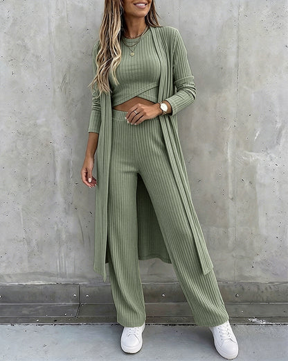 Women's 3 Piece Knit Set Long Cardigan Criss Cross Crop Tank Top and Wide Leg Pants Casual Ribbed Brushed Lounge Set