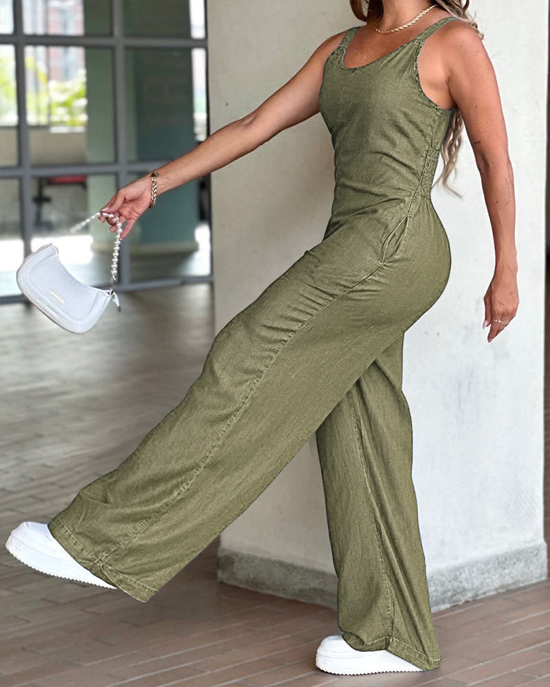 V-Neck Adjustable Thick Straps Denim Overalls Casual Shirred Back Wide Leg Suspender Jumpsuit