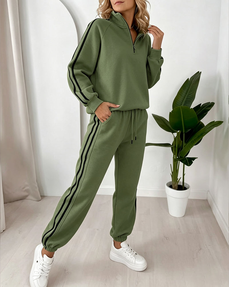 Women's Contrast Side Stripe Two Piece Sweatsuit Half Zip Sweatshirt and High Waisted Joggers Set Casual Tracksuit