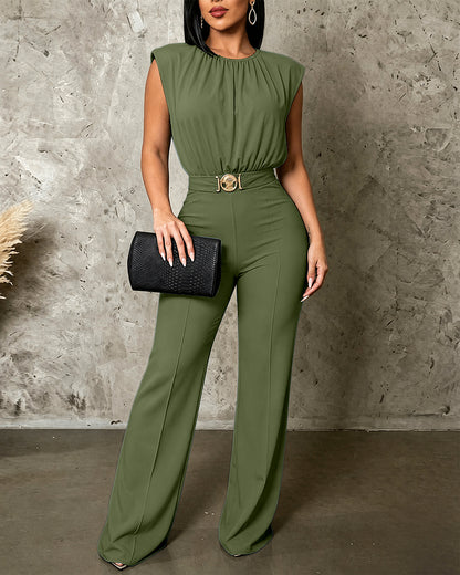 Women's Sleeveless Jumpsuit Shoulder Pad Ruched Round Neck Backless Overalls Elegant Flared Jumpsuit with Gold Belt