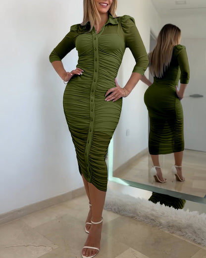 Women's 2 Piece Set Mesh Ruched Midi Dress Puff Sleeve Button Down Sheer Overlay Bodycon Dress with Camisole Slip Dress