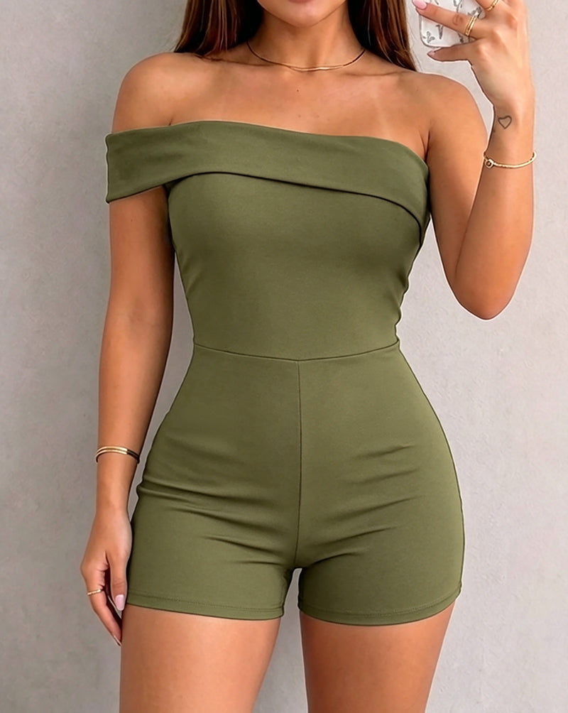 Women's Foldover One Shoulder Romper Slim Fit Sleeveless High Waist Romper