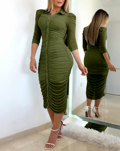 Women's 2 Piece Set Mesh Ruched Midi Dress Puff Sleeve Button Down Sheer Overlay Bodycon Dress with Camisole Slip Dress