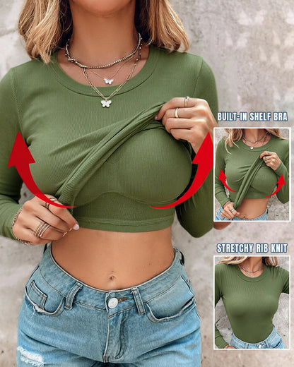 Women's Crewneck Long Sleeve Ribbed Knit Top Slim Fit Base Layer Shirt Soft Stretchy Casual Tee with Built-in Bra