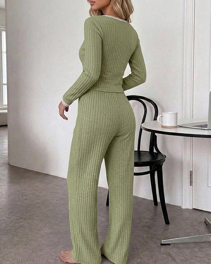 Women's 2 Piece Ribbed Lounge Sets Lace Trim Long Sleeve Top and High Waisted Pants Pajamas Sets with Pockets