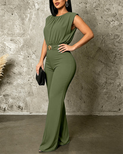 Women's Sleeveless Jumpsuit Shoulder Pad Ruched Round Neck Backless Overalls Elegant Flared Jumpsuit with Gold Belt