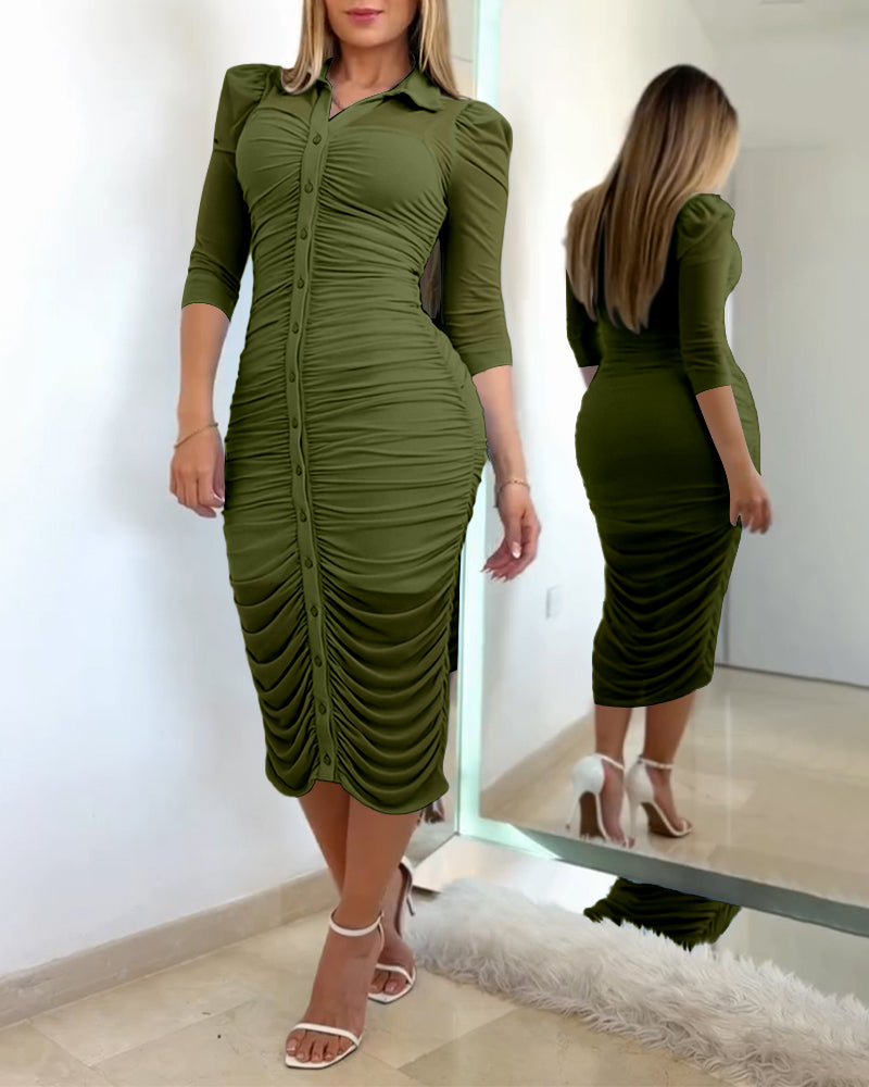 Women's 2 Piece Set Mesh Ruched Midi Dress Puff Sleeve Button Down Sheer Overlay Bodycon Dress with Camisole Slip Dress