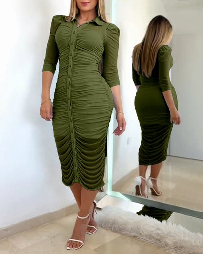 Women's 2 Piece Set Mesh Ruched Midi Dress Puff Sleeve Button Down Sheer Overlay Bodycon Dress with Camisole Slip Dress