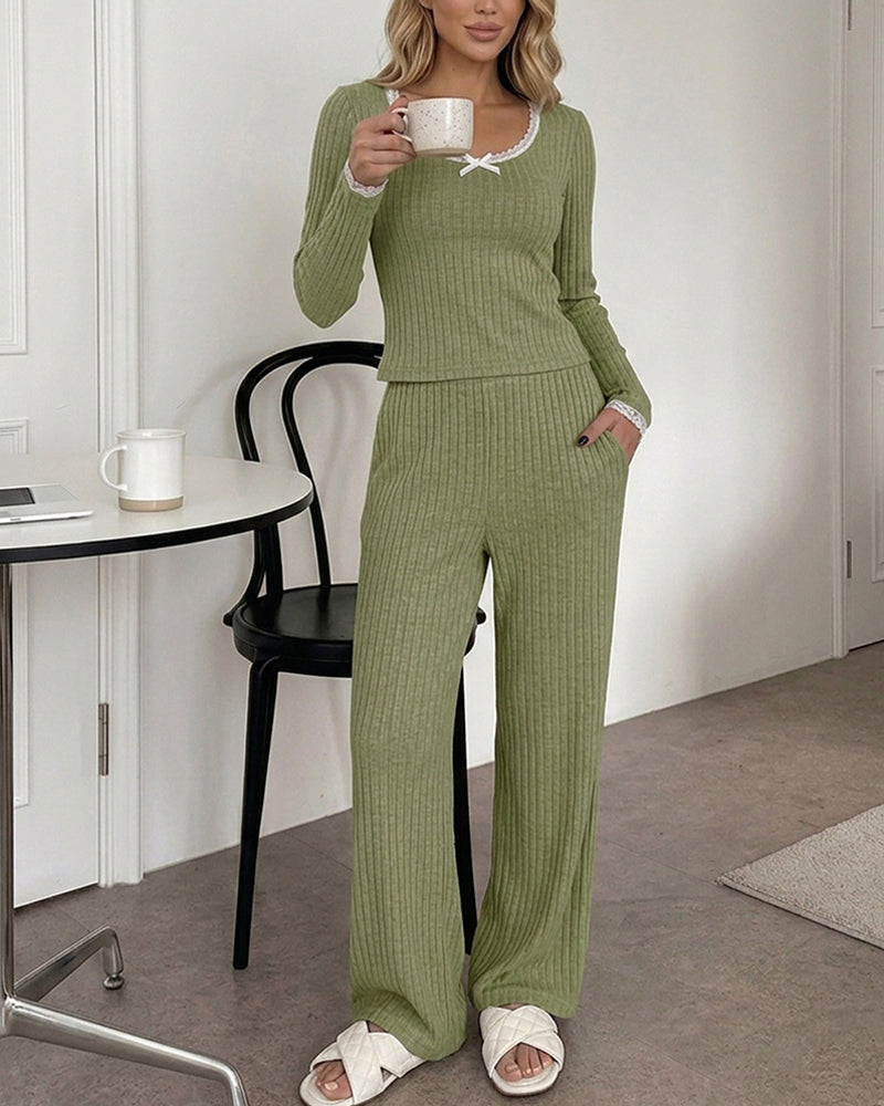 Women's 2 Piece Ribbed Lounge Sets Lace Trim Long Sleeve Top and High Waisted Pants Pajamas Sets with Pockets