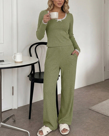 Women's 2 Piece Ribbed Lounge Sets Lace Trim Long Sleeve Top and High Waisted Pants Pajamas Sets with Pockets