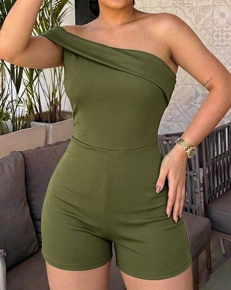 Women's Foldover One Shoulder Romper Slim Fit Sleeveless High Waist Romper