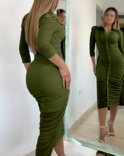 Women's 2 Piece Set Mesh Ruched Midi Dress Puff Sleeve Button Down Sheer Overlay Bodycon Dress with Camisole Slip Dress