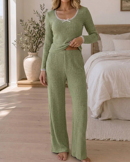 Women's 2 Piece Ribbed Lounge Sets Lace Trim Long Sleeve Top and High Waisted Pants Pajamas Sets with Pockets