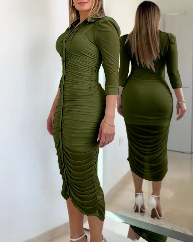 Women's 2 Piece Set Mesh Ruched Midi Dress Puff Sleeve Button Down Sheer Overlay Bodycon Dress with Camisole Slip Dress
