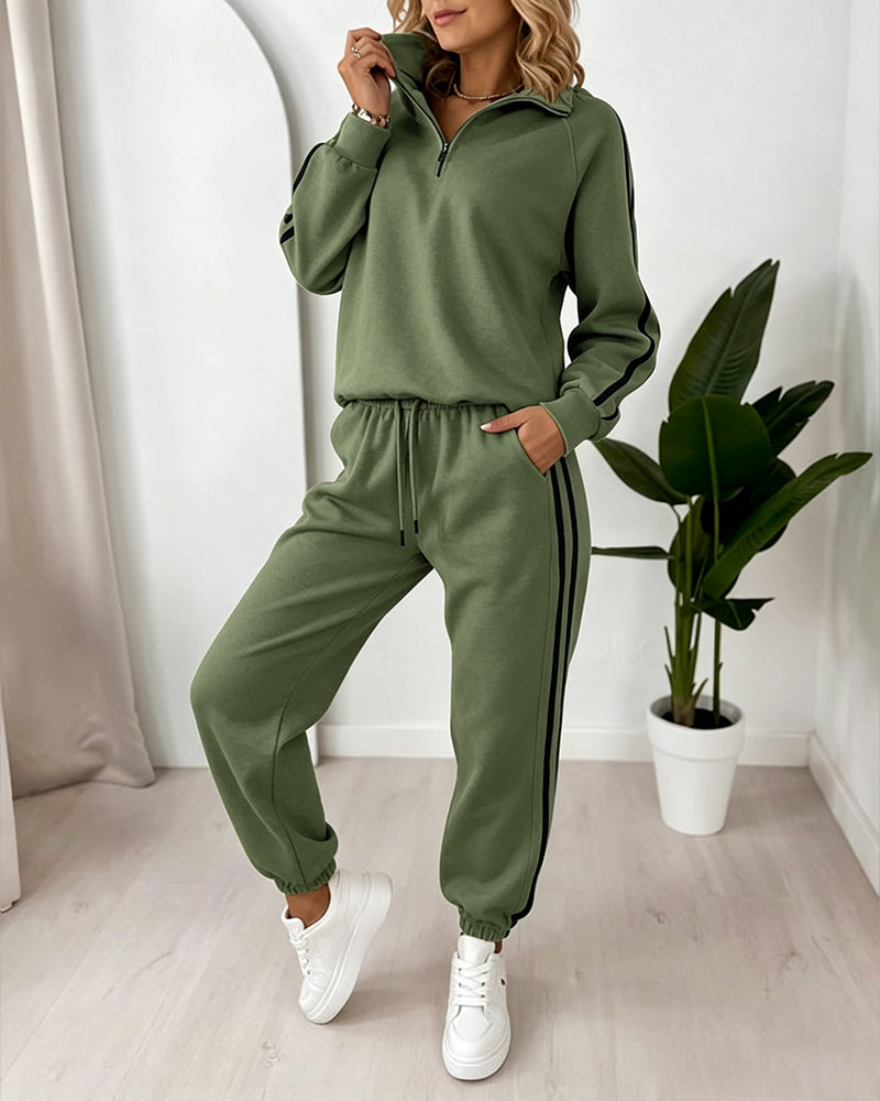 Women's Contrast Side Stripe Two Piece Sweatsuit Half Zip Sweatshirt and High Waisted Joggers Set Casual Tracksuit