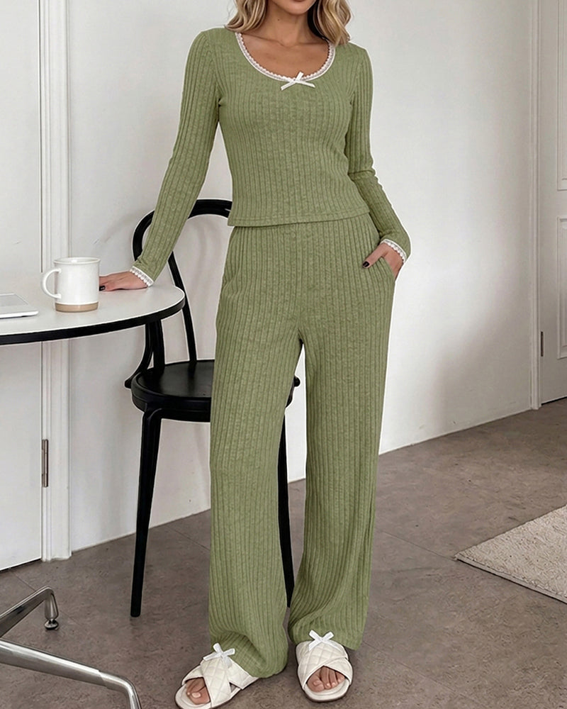 Women's 2 Piece Ribbed Lounge Sets Lace Trim Long Sleeve Top and High Waisted Pants Pajamas Sets with Pockets