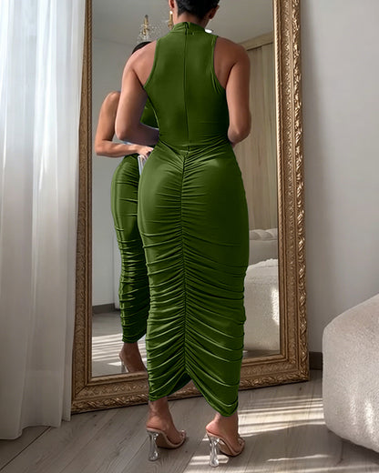 Women's Mock Neck Sleeveless Ruched Bodycon Dress Sexy Racerback Slit Slim Fit Party Dress